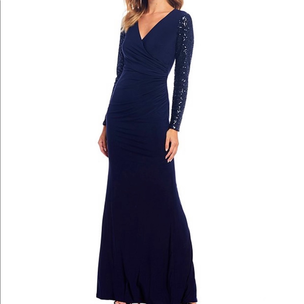 Eliza J Navy Blue Sequin Sleeve Gown